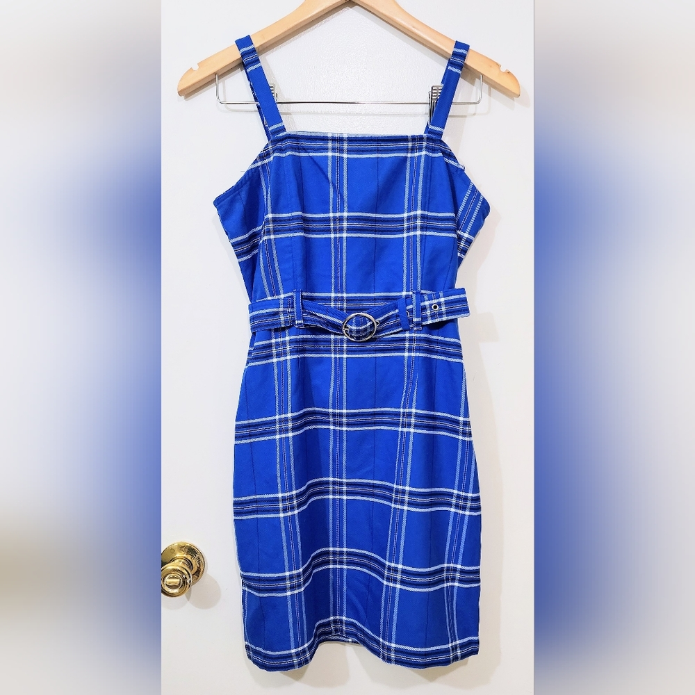 JUSTICE Juniors size 16 Blue Plaid Cami Midi Belted Dress Zips Up In Back Punks